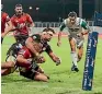  ??  ?? This tackle by Chiefs loose forward Lachlan Boshier on Crusaders second five-eighth Ryan Crotty resulted in a penalty try being awarded last Saturday night. Boshier was yellow carded.