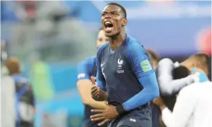  ?? France’s star player, Paul Pogba celebrates after scoring a goal at the ongoing World Cup in Russia ??