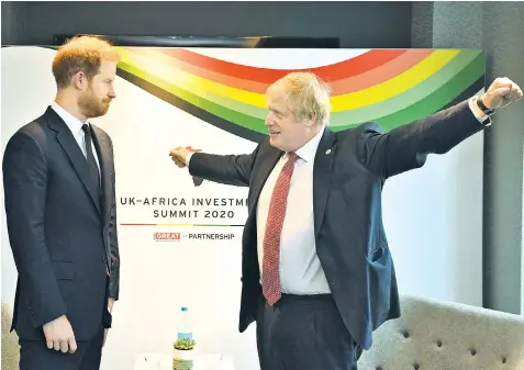  ??  ?? The Duke of Sussex was due to be reunited with his wife and son in Canada last night after two turbulent weeks apart. In one of his last royal duties, Harry attended the UK Africa Investment Summit in London, where he had a private meeting with Boris Johnson, before being whisked to Heathrow for the flight to take him to start his new life.