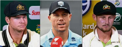  ?? — AFP ?? What a shame: (from left) Australia’s cricketers Steve Smith, David Warner and Cameron Bancroft have been handed bans over the ball-tampering scandal during the third Test against South Africa.