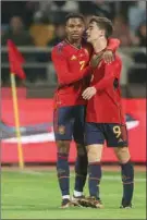  ?? ?? Spain’s players celebrate scoring during their friendly against Jordan at the Hussein Youth City stadium in the Jordanian capital Amman on Thursday.