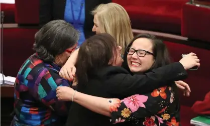  ?? Photograph: Scott Barbour/Getty Images ?? Victorian MPs Harriet Shing and Colleen Hartland react as the euthanasia bill passes the upper house.