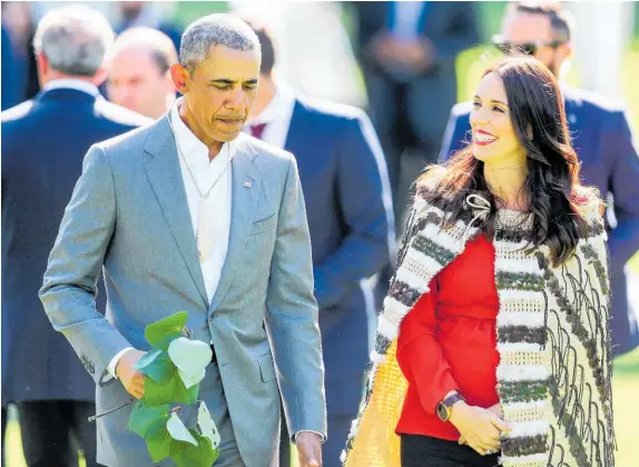  ?? Picture / bwmedia ?? Barack Obama finally gets to meet Jacinda Ardern at Government House yesterday after spending a lot of time in New Zealand with John Key.