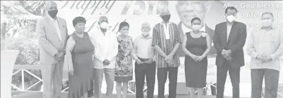  ??  ?? Uneasy alliance? Leader of the Justice For All Party Chandra Narine Sharma (centre) with President David Granger (fourth from right) and other leaders of the parties which make up the APNU+AFC coalition at a celebratio­n of the president’s birthday last Wednesday. (Photo Credit Facebook page of Joseph Harmon)