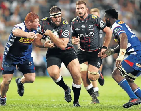  ?? Picture: Gallo Images ?? Thomas du Toit of the Sharks drives through during last weekend’s game against the Stormers.