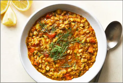  ?? ?? Red lentil-barley stew. Fennel and leeks add a fragrant complexity to this homey lentil-barley stew.