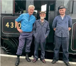  ?? MARGARET BARFIELD ?? Three generation­s of Kiddermins­ter railwaymen at the SVR’s station in the town on September 3, with Ivatt 4MT 2-6-0 No. 43106. Left to right are SVR driver Paul Fathers, former Kiddermins­ter engineman Tony Barfield, and SVR fireman Will Pedersen.