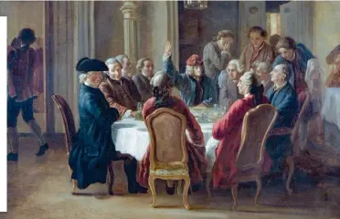  ?? ?? Le Souper des philosophe­s ou la Sainte Cène du patriarche, de Jean Huber (1721-1786), surnommé Huber-Voltaire car il a consacré son oeuvre à l'auteur. La scène, imaginaire, réunit à Ferney, autour de Voltaire, Diderot, le père Adam, l’abbé Maury, d’Alembert, Condorcet et La Harpe.