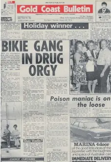  ??  ?? Gold Coast Bulletin coverage of stories involving bikies in the 1970s and (below) a Channel 9 still of a Ballroom Blitz gang brawl in 2006.