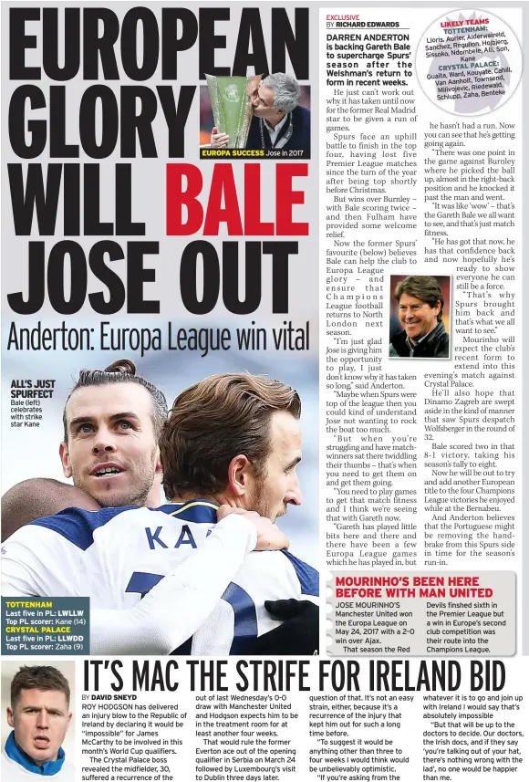  ??  ?? ALL’S JUST SPURFECT Bale (left) celebrates with strike star Kane
TOTTENHAM
Last five in PL: LWLLW Top PL scorer: Kane (14) CRYSTAL PALACE Last five in PL: LLWDD Top PL scorer: Zaha (9)
EUROPA SUCCESS Jose in 2017