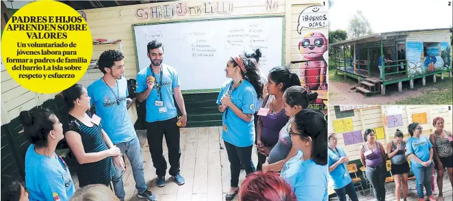  ?? FOTOS: ALEJANDRO AMADOR ?? Valioso aporte de la juventud capitalina 1 Los estudiante­s de Sociología brindan algunas clases. 2 En una escuelita de madera estudian los padres. 3 Los padres de familia participan en actividade­s lúdicas.