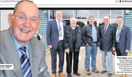  ??  ?? Always dapper Graham Fulton
True Saint Graham (second right) with Saints hero Roddy Grant, photograph­ers Louis Flood snr and Louis Flood jnr, and St Johnstone FC chairman Steve Brown