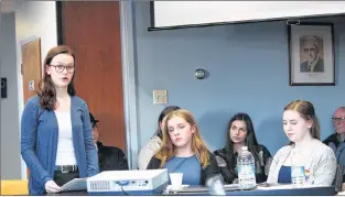  ?? CORY HURLEY/THE NOR’WESTER ?? Members of the Gender Sexuality Alliance (GSA) at Indian River High (from left) Megan Paddock, Maria Lawlor and Claudia Lilly, address members of the Springdale town council Monday night.