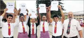  ?? PICTURE: MOTSHWARI MOFOKENG/ANA ?? Matric pupils Don Colin Naidoo, Emelia Mwamba, Fallon Kerri Buckley, Ayanda Maphumulo and Donavan Naidoo with principal Yugan Naidoo after writing the life sciences second paper yesterday.