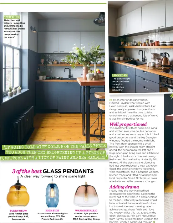  ?? ?? TWO TONE ‘Using two wall colours, Hague Blue and Ammonite by Farrow & Ball, creates interest without overpoweri­ng the space’
LINKED IN ‘The dark-to-light decor continues through to the kitchen cabinetry’