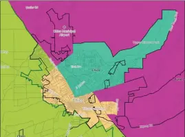  ?? ?? A closeup of the Morningsta­r map presented Oct. 12to the Butte County Board of Supervisor­s that focuses on the Chico area and how the districts would converge on the city.