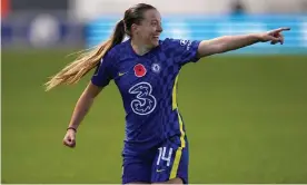  ?? City. Photograph: Mike Egerton/PA ?? Fran Kirby celebrates scoring Chelsea’s third goal in their 4-0 destructio­n of Manchester