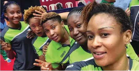  ??  ?? Funke Oshonaike (right) and other members of the Nigerian team at the 2018 ITTF African Championsh­ips in Mauritius… yesterday