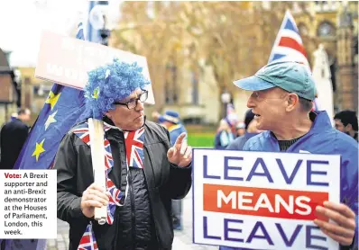  ??  ?? Vote: A Brexit supporter and an anti-Brexit demonstrat­or at the Houses of Parliament, London, this week.