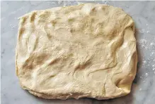  ??  ?? Step 1: Gently press risen dough into a nine-inch long, seven-inch wide rectangle.