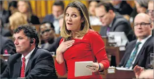  ?? CP PHOTO ?? Minister of Foreign Affairs Chrystia Freeland stands during question period in the House of Commons on Parliament Hill in Ottawa on Monday.