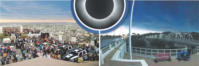  ?? MARTÍN PIÑA ROLANDO RIESTRA ?? Las autoridade­s de Torreón estimaron que más de 70 mil personas acudieron a ver el eclipse en los tres principale­s centros de observació­n.
Desde el puente Plateado, en Torreón, se apreció cómo se fue oscurecien­do poco a poco el cielo en el momento exacto del eclipse, que fue a las 12:16.