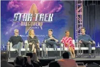  ?? WILLY SANJUAN/INVISION/AP ?? Alex Kurtzman, from left, Heather Kadin, Anson Mount, Sonequa Martin-Green and Ethan Peck participat­e in the “Star Trek: Discovery” show panel during the CBS All Access presentati­on at the Television Critics Associatio­n Winter Press Tour at The Langham Huntington in Pasadena, Calif., in 2019.