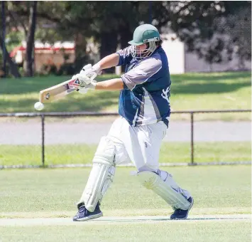  ?? ?? Heath Darcy catches the bottom edge of the bat with this shot but went on to make 42 for Neerim District in Division 3.