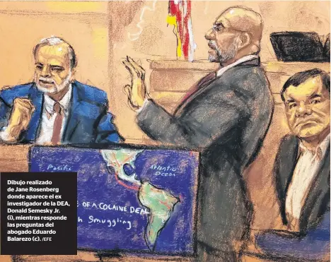  ?? /EFE ?? Dibujo realizado de Jane Rosenberg donde aparece el ex investigad­or de la DEA, Donald Semesky Jr.(i), mientras responde las preguntas del abogado Eduardo Balarezo (c).