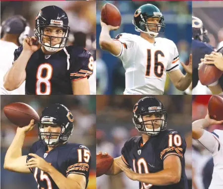  ??  ?? The Bears’ weak collection of QB draft picks since 2000 ( clockwise from top left): Rex Grossman, Craig Krenzel, Kyle Orton, David Fales, Nathan Enderle and Dan LeFevour. Of those, Orton, traded away for Jay Cutler in 2009, had the most success.
| AP,...