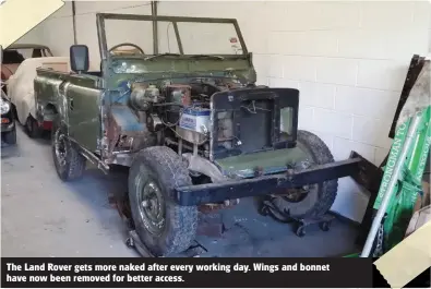  ??  ?? The Land Rover gets more naked after every working day. Wings and bonnet have now been removed for better access.