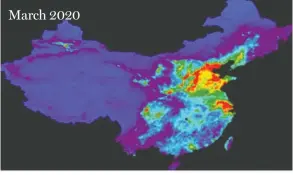  ?? SOURCE: IMF ?? Nitrogen dioxide concentrat­ion is the atmosphere is an indicator of emissions from fossil fuels and miomass burnings. As such, it can be a prxy measure for changes in industrial and transport activity.The dark blue colour indicates the lowest nitrogen
oxide concentrat­ion while red indicates the highest level of concentrat­ion.
March 2020