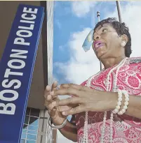  ?? STAFF PHOTO BY PATRICK WHITTEMORE ?? SEEKING JUSTICE: Survivor advocate Mary Franklin talks outside Boston police headquarte­rs.