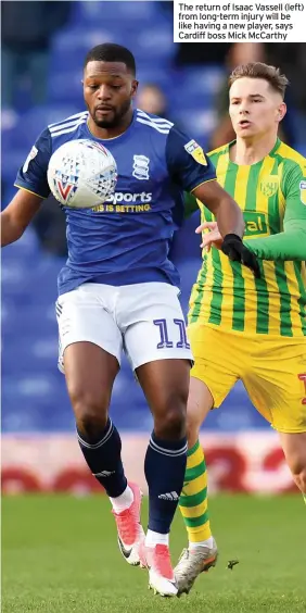  ??  ?? The return of Isaac Vassell (left) from long-term injury will be like having a new player, says Cardiff boss Mick McCarthy