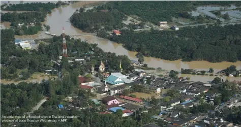  ?? — AFP ?? An aerial view of a flooded town in Thailand’s southern province of Surat Thani on Wednesday.