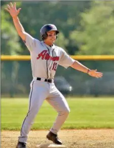  ?? KYLE FRANKO — TRENTONIAN PHOTO ?? Allentown’s Cole Leach celebrates after hitting a two-run double in the second inning against Steinert during a CJ III first round game on Monday afternoon.