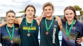  ?? ?? Jeremiah Brown, Callum Halloran-Lavelle, Jackson Clerks, Riley Griffin take home a bronze medal in the 17&U 4x50m freestyle.