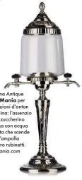  ??  ?? Fontana Antique di RG Mania per degustazio­ni d’antan alla parigina: l’assenzio con lo zuccherino si allunga con acqua ghiacciata che scende dall’ampolla a quattro rubinetti. rgmania.com