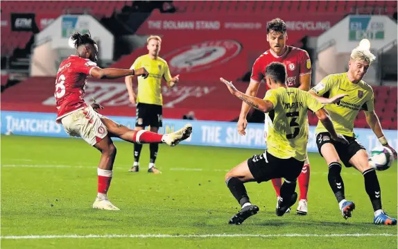  ?? Picture: Dan Mullan/Getty ?? Bristol City’s Antoine Semenyo scores the third goal in last night’s 4-0 Carabao Cup win against Northampto­n