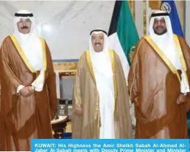  ?? — KUNA ?? KUWAIT: His Highness the Amir Sheikh Sabah Al-Ahmad AlJaber Al-Sabah meets with Deputy Prime Minister and Minister of Defense Sheikh Mohammad Al-Khaled Al-Hamad Al-Sabah and the newly appointed undersecre­tary Sheikh Ahmad Mansour Al-Ahmad Al-Sabah.