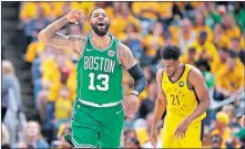  ?? [AP PHOTO/ ?? Boston Celtics forward Marcus Morris celebrates during the second half against the Indiana Pacers on Sunday in Indianapol­is.