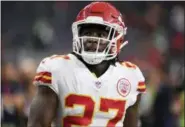  ?? ERIC CHRISTIAN SMITH — THE ASSOCIATED PRESS FILE ?? Kansas City Chiefs running back Kareem Hunt warms up for a game against the Houston Texans last season in Houston. The Chiefs released Hunt on Friday after video surfaced that showed the NFL’s reigning rushing champion knocking over and kicking a woman in a Cleveland hotel hallway in February.