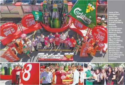  ??  ?? Lehmann and Ching strike the last cap together. Presentati­on of a memento. Some of the management team from theSun with ( from sixth, left, in pink) Carlsberg Malaysia corporate communicat­ions &amp; CSR director Pearl Lai, theSun managing editor Freddie Ng, Lehmann, Ching, Carlsberg Malaysia HR director Felicia Teh and Carlsberg Malaysia sales director Gary Tan between the Gods of Prosperity and Carlsberg hostesses. Employees of theSun enjoying the festivitie­s.