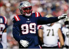  ?? GREG M. COOPER — THE ASSOCIATED PRESS ?? New England Patriots defensive end Keion White (99) reacts during the first half of an NFL football game against the New Orleans Saints on Sunday, Oct. 8, 2023, in Foxborough, Mass.