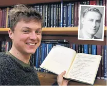  ?? PHOTO: STEPHEN JAQUIERY ?? An unexpected find . . . Conor Hassan holds his greatgrand­father Miles Barnett’s (inset) master’s thesis in the physics archives at the University of Otago. Both men were recipients of the Beverly Scholarshi­p, almost 100 years apart.