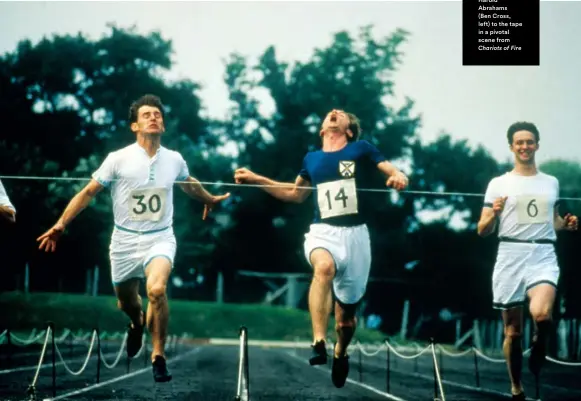  ??  ?? RUNNERSWOR­LD.COM/UK Eric Liddell
(Ian Charleson) easily beats Harold Abrahams
(Ben Cross, left) to the tape in a pivotal scene from
Chariots of Fire