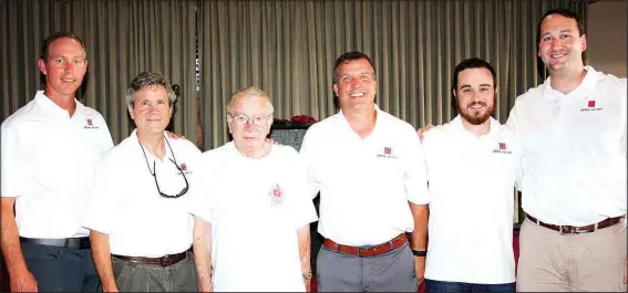  ?? NWA Democrat-Gazette/CARIN SCHOPPMEYE­R ?? Alan Lane (from left), Conrad Odom, Bobby Odom, Mark Lindsay, Thomas Odom and Bryant Crooks welcome guests to the annual Odom Seafood Jubilee on July 28 at the Elks Lodge in Fayettevil­le.