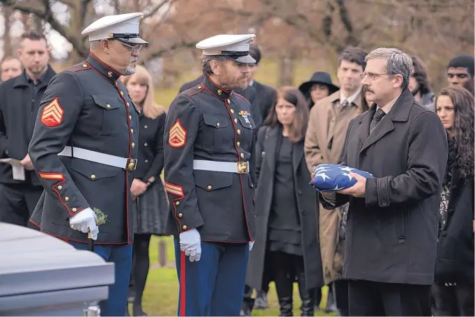  ?? COURTESY OF WILSON WEBB ?? From left, Laurence Fishburne, Bryan Cranston and Steve Carell in a scene from “Last Flag Flying.”