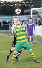  ??  ?? Connor McCarthy retains possession for the Linnets