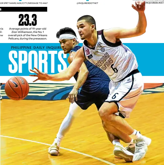  ?? —AUGUST DELA CRUZ ?? Adamson star Val Chauca loses the ball to University of the Philippine­s stalwart Kobe Paras (No. 6) during their game Sunday. Chauca committed crucial turnovers in the fourth quarter, when the Maroons battled back from a 12point deficit to upend the Falcons.